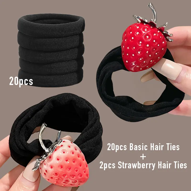 Women's 22pcs Strawberry Hair Tie Set - 20pcs Basic Black Hair Ties, 2pcs Cute Strawberry Scrunchies, Non-Slip Seamless Ponytail Holders, Cute Casual & Playful Hairbands & Scrunchies, Casual Hairbands & Scrunchies