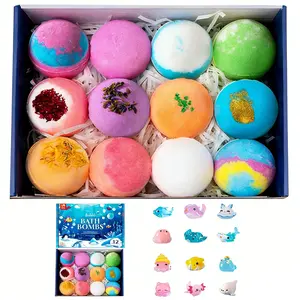 Children Bath Balls Gift Box, Bath Set, Surprise Spring Toys Inside, 12 Pieces, Easter Basket Stuffers, Unisex, Contains Bubble Bath and Toys