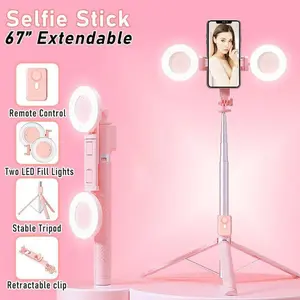 Multifunctional Selfie Stick Tripod + Dual Ring Light, 360° Rotation, Smart 6-in-1 Remote Control for iOS & Android, Ideal for Photo/Video/Music/Recording/Live/Vlog - Portable Stand Gift for Women Men