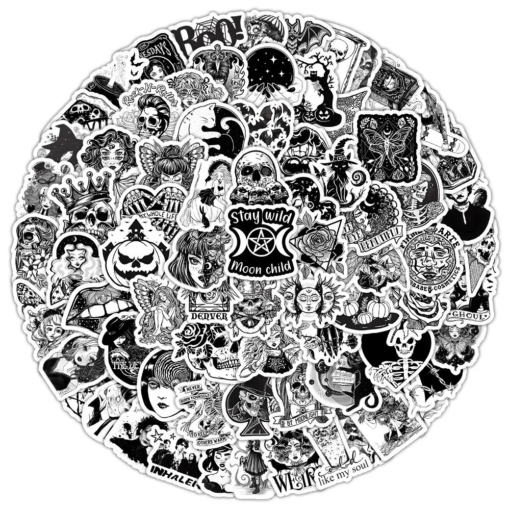 100PCS Black and White Gothic PVC Waterproof Graffiti Art Stickers Kit for Helmet Bicycle Hand Account Scrapbooking Pencil Case Decals LanLanStickersWorld