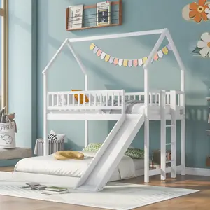 Twin over Full House Bunk Bed with Slide and Built-in Ladder, Wood Floor Bunk Bed Frame with Full-Length Guardrail