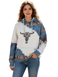 Women's Ethnic Pattern Bull Head Print Drawstring Hoodie,Bohemian Pullover Hoodies Sweatshirts,Long Sleeve, Hooded Neck, Versatile Outerwear Top, Comfortable Casual Attire for All Seasons