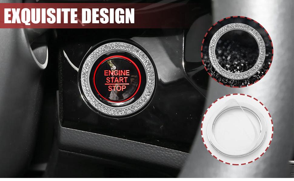 Car Bling Crystal Rhinestone Engine Start Decoration Ring, Sparkling Push Start Button Sticker, Key Ignition & Knob Ring Decoration, Bling Car Interior Accessories for Women (Black)