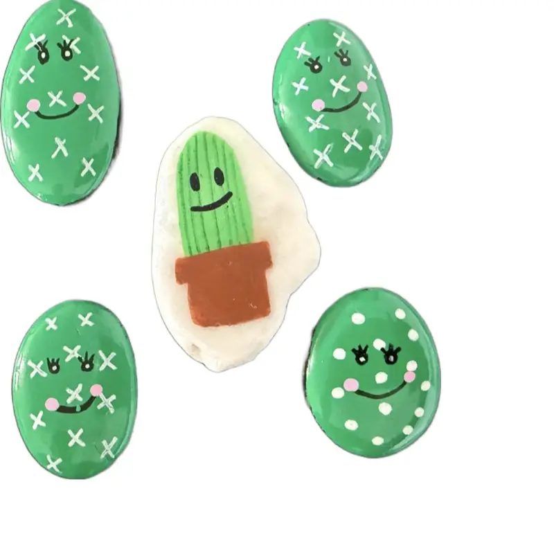 Hand-Painted Cactus Rock Set – 5 Cute Succulent Rocks