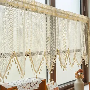 Geometric Print Lace Short Curtain, 1 Count Boho Style Window Curtain, Window Drapes for Home Living Room & Bedroom & Kitchen, Home Decoration Curtain