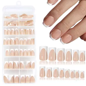 140Pcs White French Tip Press on Nails Short Square Fake Nails Nude Skin Glossy Design Cute False Nails Full Cover Reusable False Nails for Women Girls DIY Manicure Decoration, 14 Different Sizes