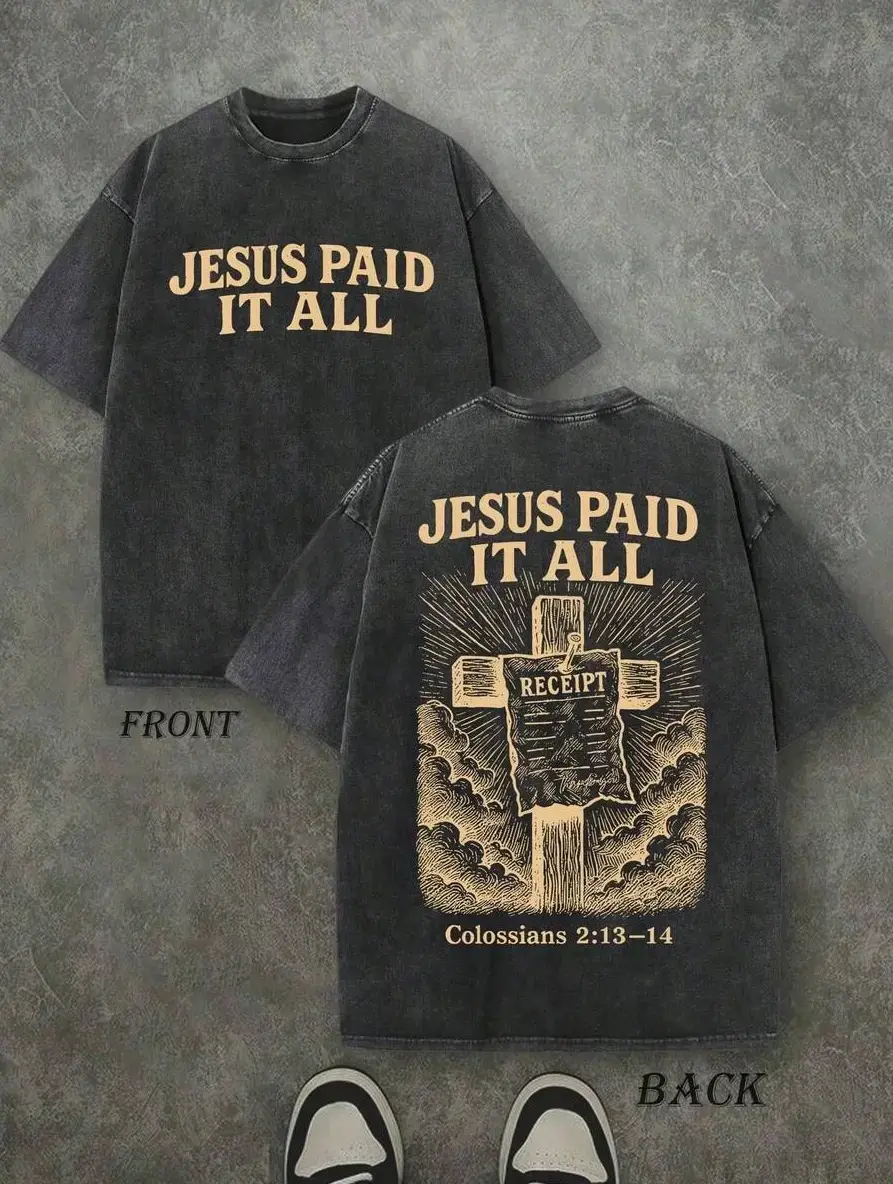 Christian Faith "Jesus Paid It All" T-Shirt, Vintage Distressed Gray Cross Receipt Oversized Tee, Bible Verse Casual Short Sleeve