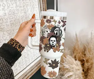 Horror Characters Tumbler 40oz With Handle, Halloween Tumbler 40oz, Scary Movie Tumbler, Halloween Themed Insulated Tumbler