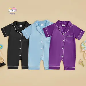 Baby Girls Summer Jumpsuit Pajama Short Sleeve Lapel Solid Color Button Up Sleepwear
