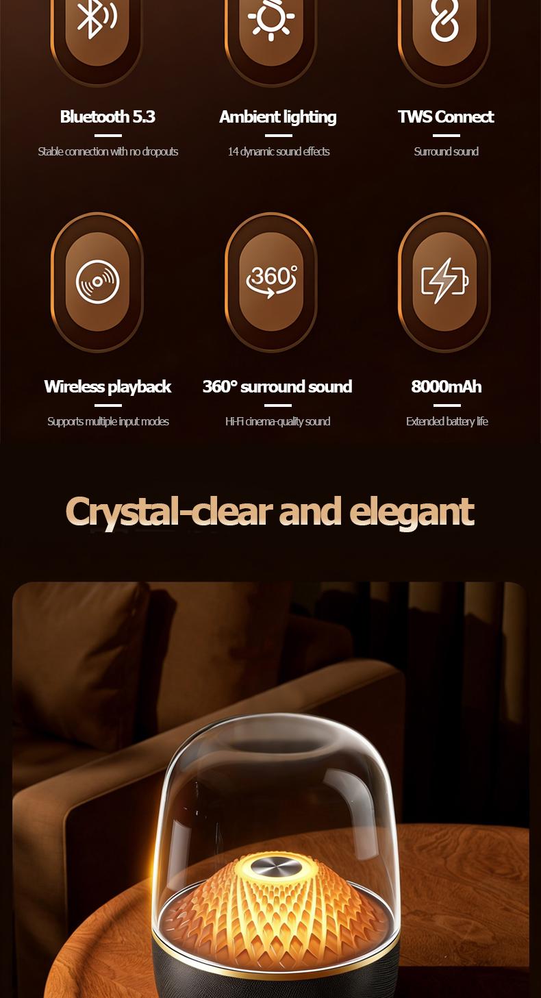 Harman Audio Portable Bluetooth Speaker, Wireless Glaze Bluetooth Audio - Type C Charging, TWS Stereo Sound, 5 RGB Lighting Modes, Long Battery Life, Ideal Festival Gift