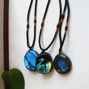 Natural Labradorite Pendant Necklace - Adjustable Handmade Healing Crystal Jewelry - Relieve Stress and Anxiety Real Shiny Stone Amethyst