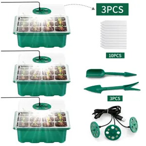 3-Pack Seed Starter Trays with Heat Mat, Seed Starter Kit with Grow Lights, 12 Large Cells Seed Germination Kit with Adjustable Humidity Vents for Indoor Plants Seeds Starting, Ideal Gardening Gifts