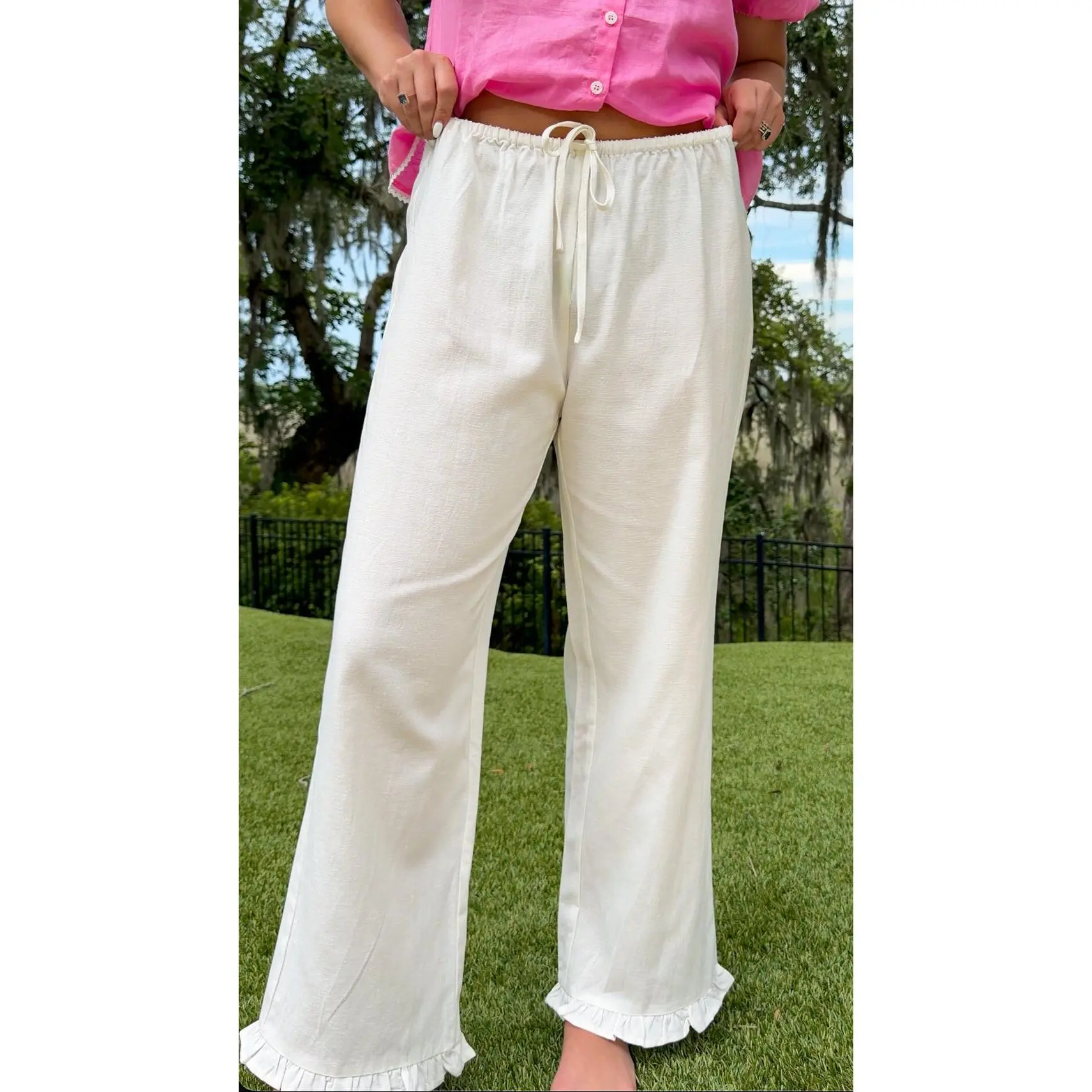 Eloise Relaxed Ruffle-Hem Straight-Leg Pants