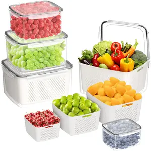 3Pack Fridge Food Storage Container Set with Lids with Strainer,Plastic Fresh Produce Saver Vegetable Fruit Meat Storage Organization, BPA-Free Plastic Produce Keepers(3.3L+1.8L+0.8L)