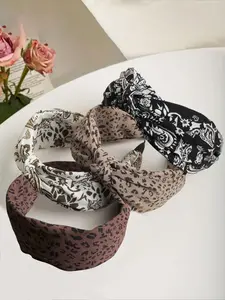 4pcs Vintage Elegant Floral Leopard Print Quality Fabric Hair Bows, Wide Knot Headbands for All Seasons, Casual Daily Wear and Party Use
