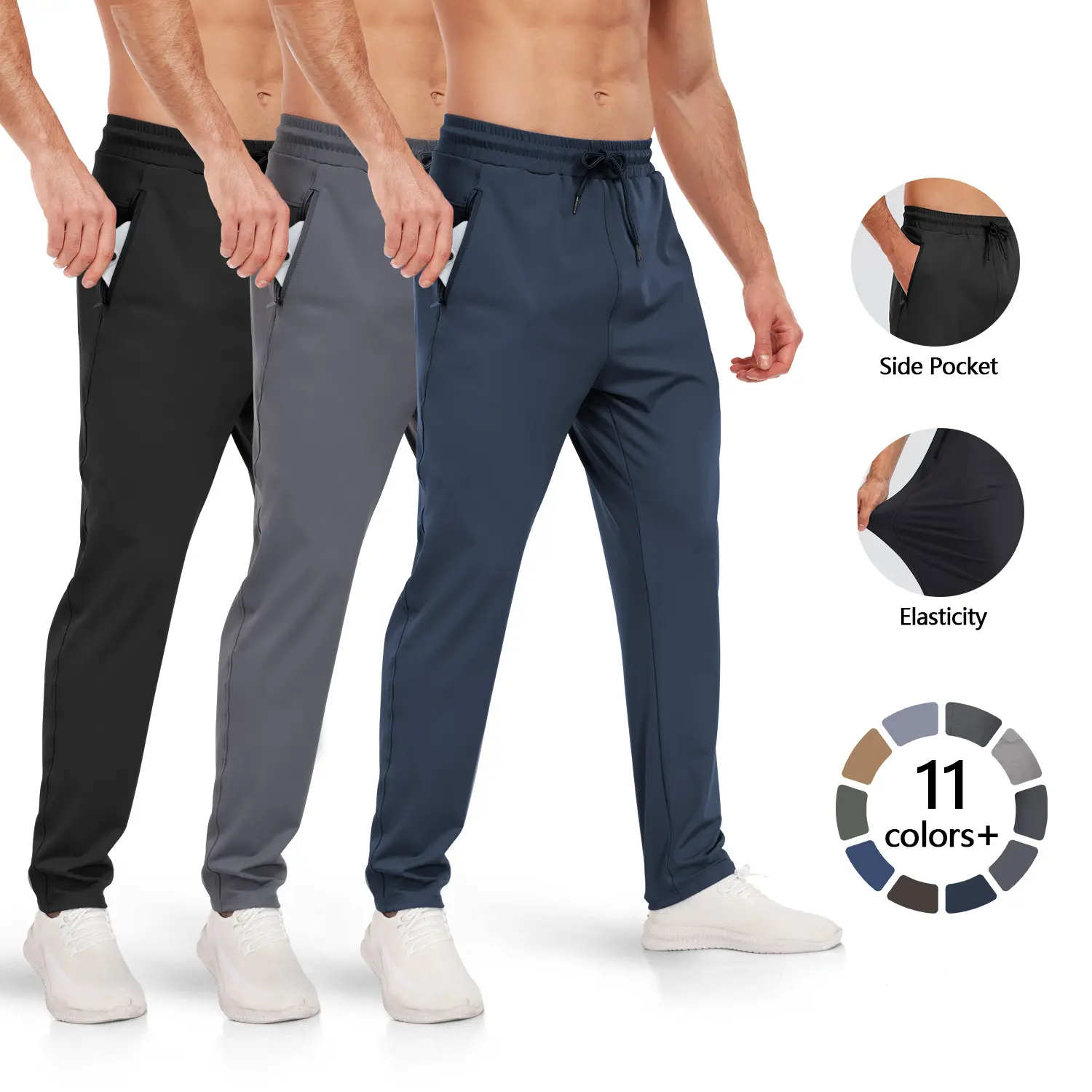 PARISDIARY Men's 3-Pack Loose-Fit Plain Polyester Athletic Sweatpants with Zipper Pockets - All-Season Sporty Athletic Trousers for Gym Running Fitness Pants, Active Men's Pants
