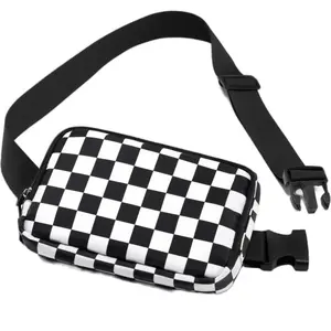 Checkered Belt Bag for Women - Retro Style Fashion Accessory with Adjustable Strap, Multiple Zippered Compartments, and Black Checkered Pattern