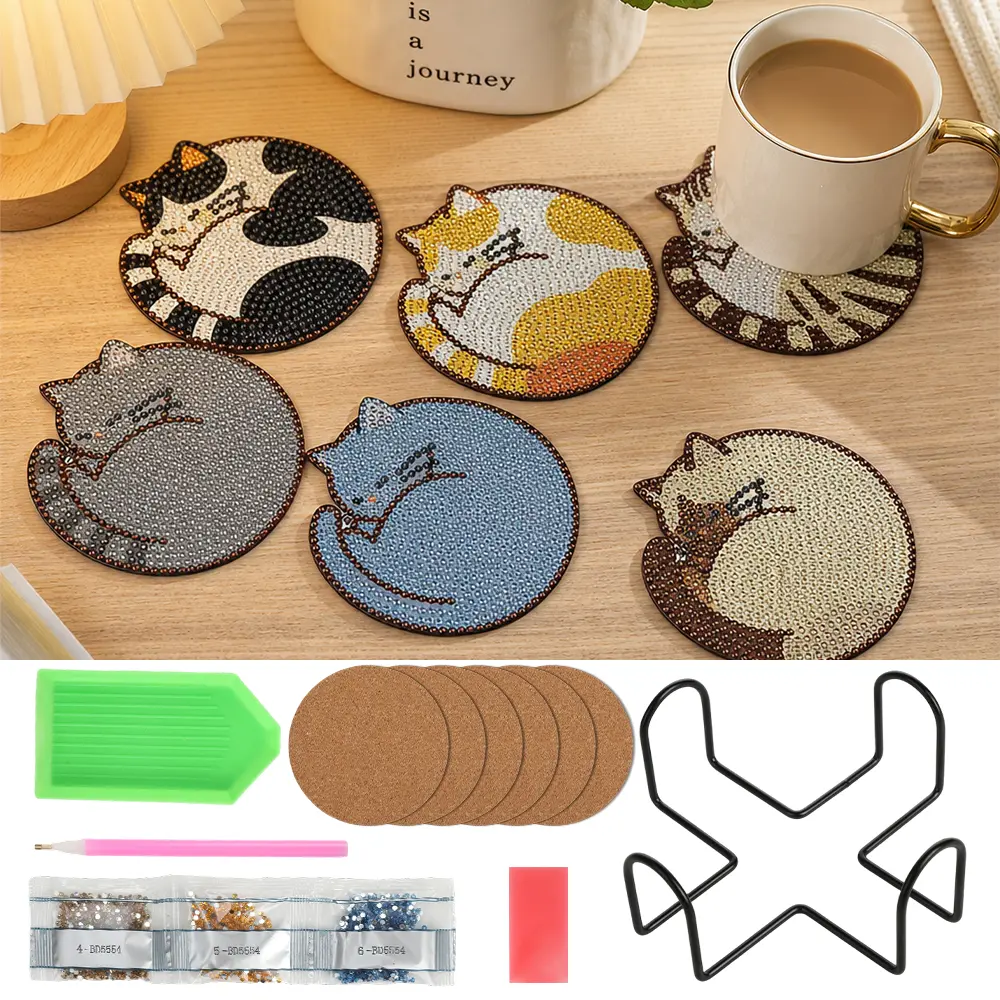 6pcs Round Diamond Painting Coaster Kits with Holder - Cute Cat Suitable for Adults Beginners, DIY Craft with Kitten Designs, Complete Coaster Art Sets for Birthday Gifts