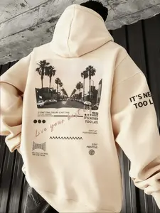Men's Casual Loose Hooded Sweatshirt, Letter Landscape Print, Fleece Lined, Fall & Winter Wear, Comfortable and Stylish Top