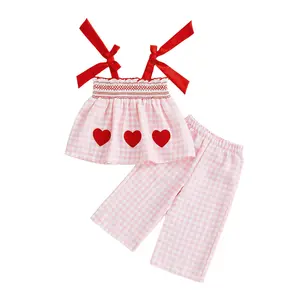 Toddler Baby Girl Valentines Outfit Plaid Love Heart Patch Embroidered Smocked Tie Shoulder Tops and Pants 2 Pcs Set
