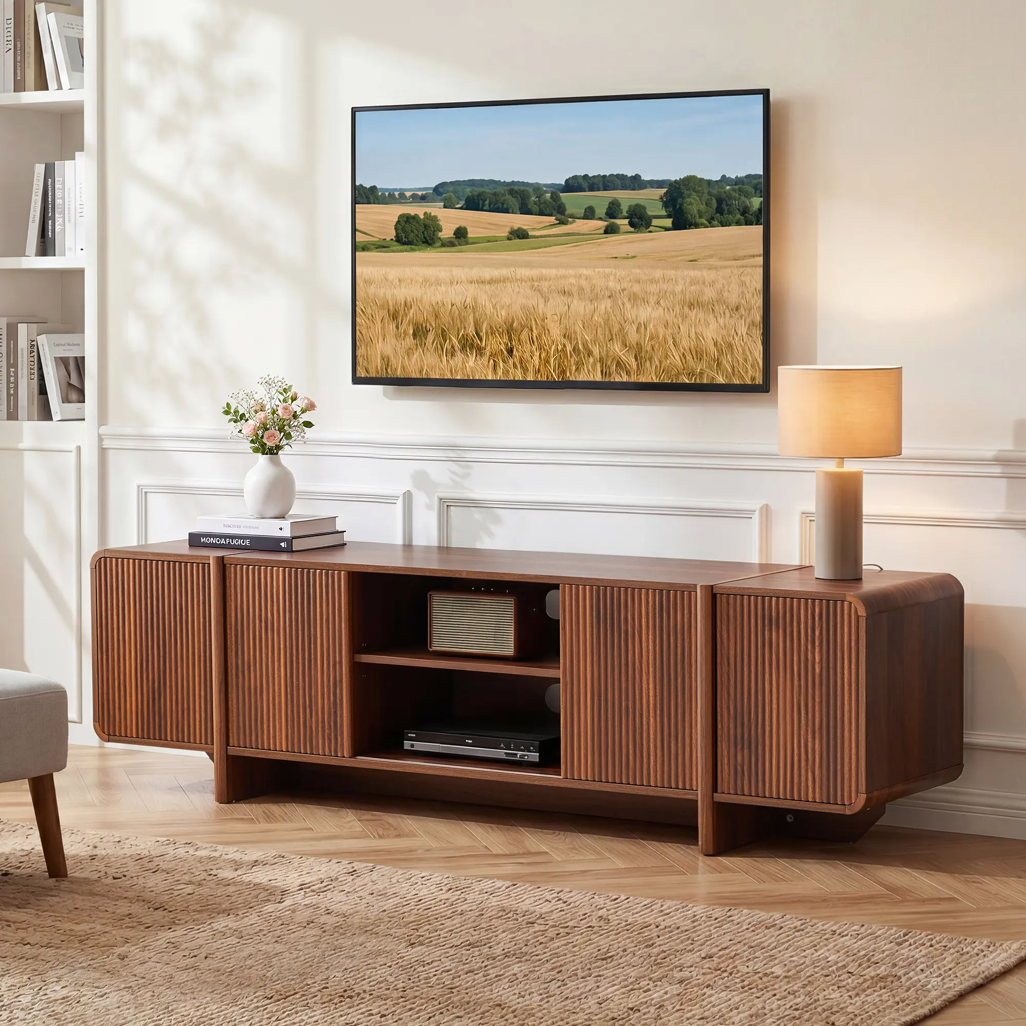 Giratree 70'' Fluted Wood TV Stand with Storage, Mid-Century Modern Media Console with Open Shelves & Cable Holes, Low TV Entertainment Center Fits Up to 80 Inch TV for Living Room Bedroom