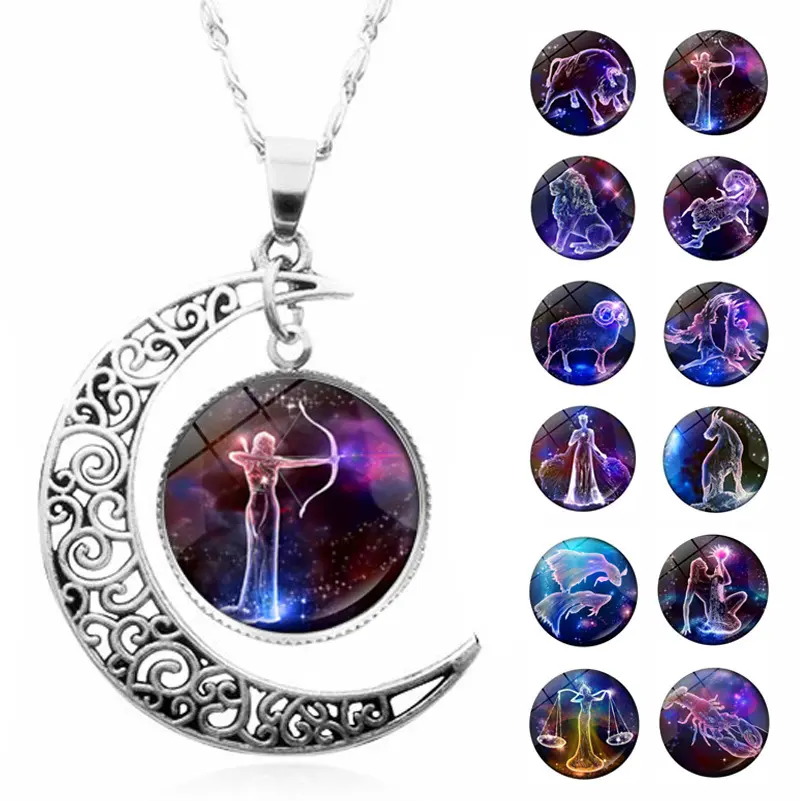 12 Zodiac Glow-in-the-Dark Moon Pendant Necklace for Women, Personalized Astrology Lifestyle Jewelry Gift with Crescent Moon Constellation Design, Personalized Jewelry