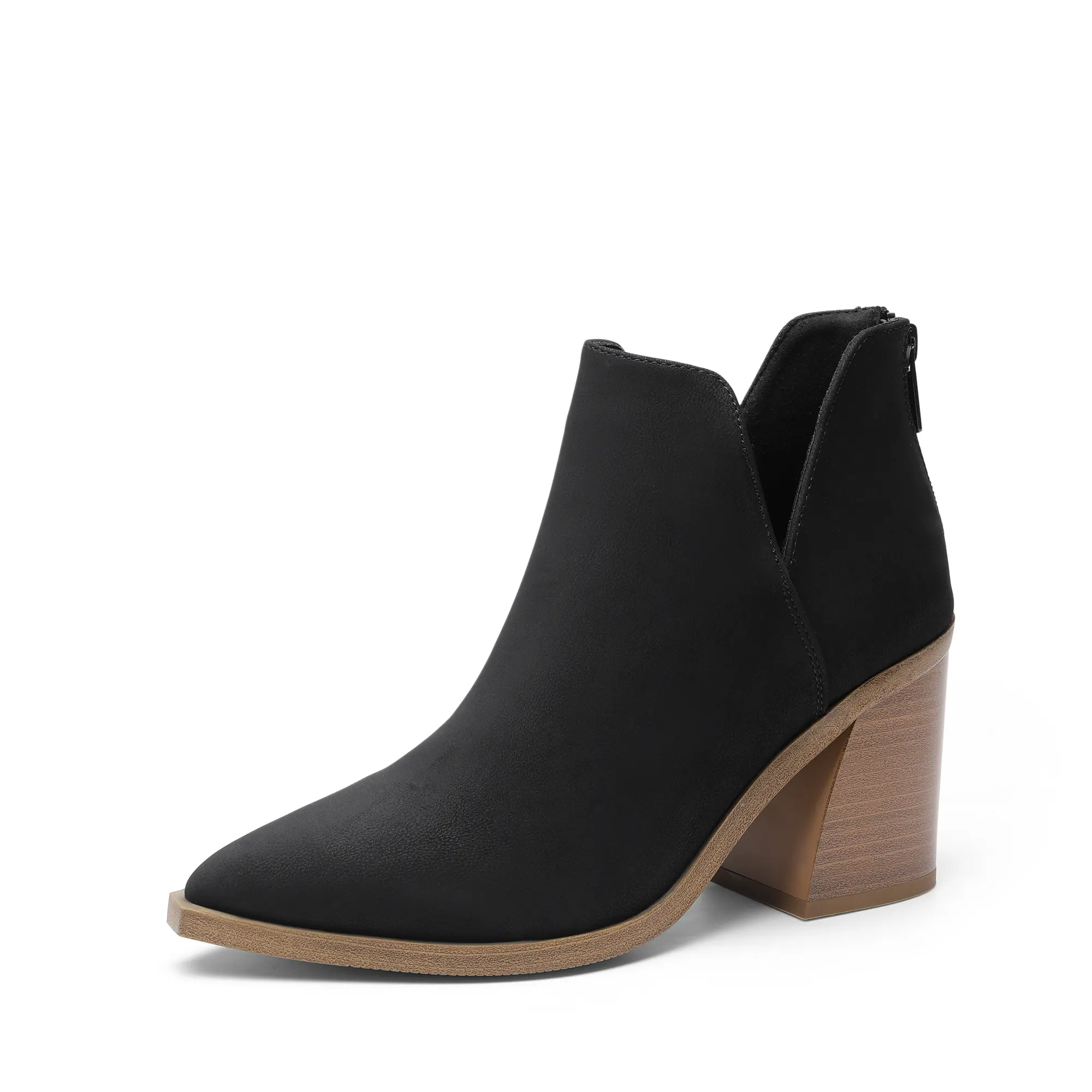 Dream Pairs Women's Pointed Toe Chunky Heel Ankle Booties in Vegan Leather with V-Cutout Sides and a Rear Zipper, Walking Shoes, Footwear, Block Heel, Synthetic, All Black, Casual/Dressy, Pointed Toe Slim, Foam Jersey, Jersey Foam