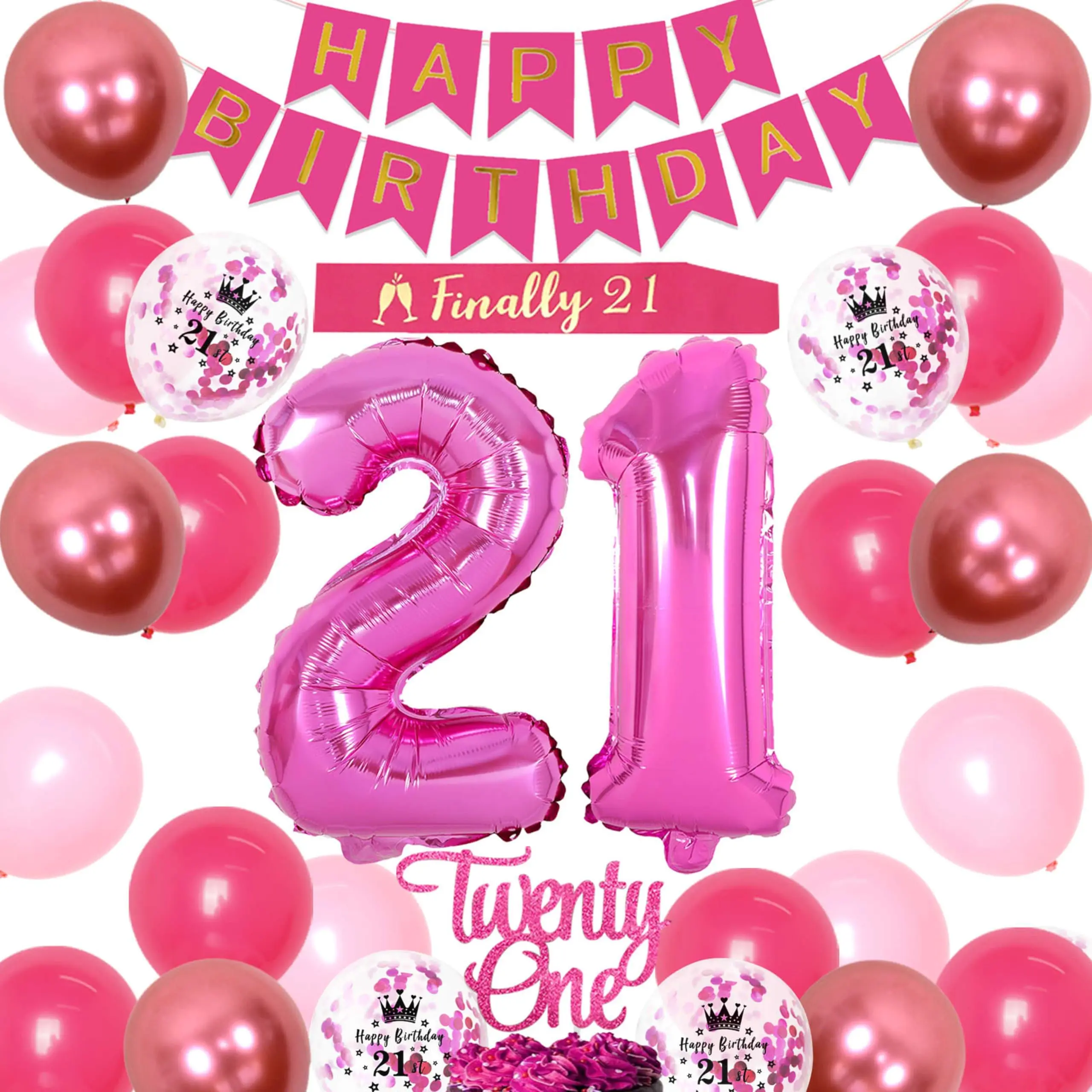 1Set 21anniversary Birthday Decorations for Her  Hot Pink Happy Banner Balloons Twenty One Cake Topper Foil Balloon Finally 21 Sash
