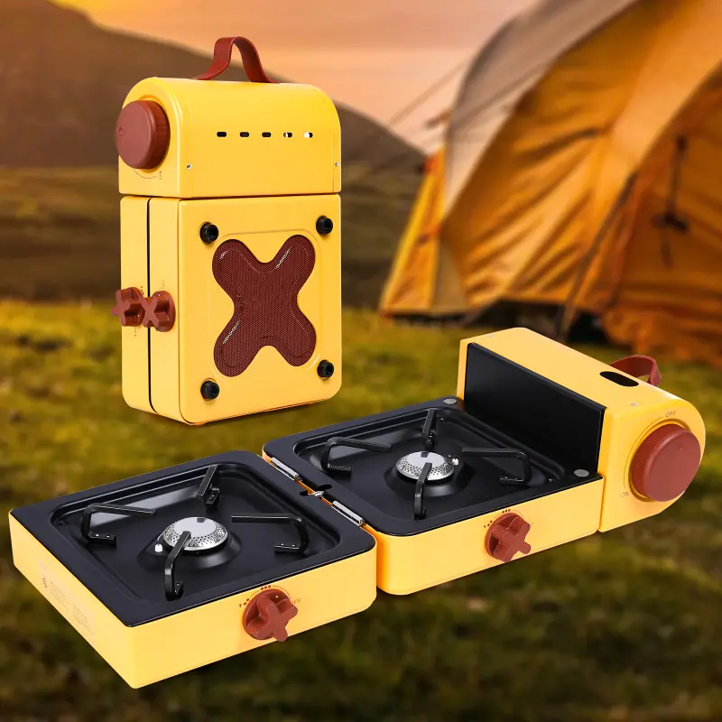 16000 BTU Portable Propane Camping Stove with Carrying Bag - Collapsible 2-Burner Design, Adjustable Side Shelves, Yellow & Orange Accents for Outdoor BBQs and Camping, Camping Cooking Gear | Adjustable Burner Stove | Durable Metal Stove