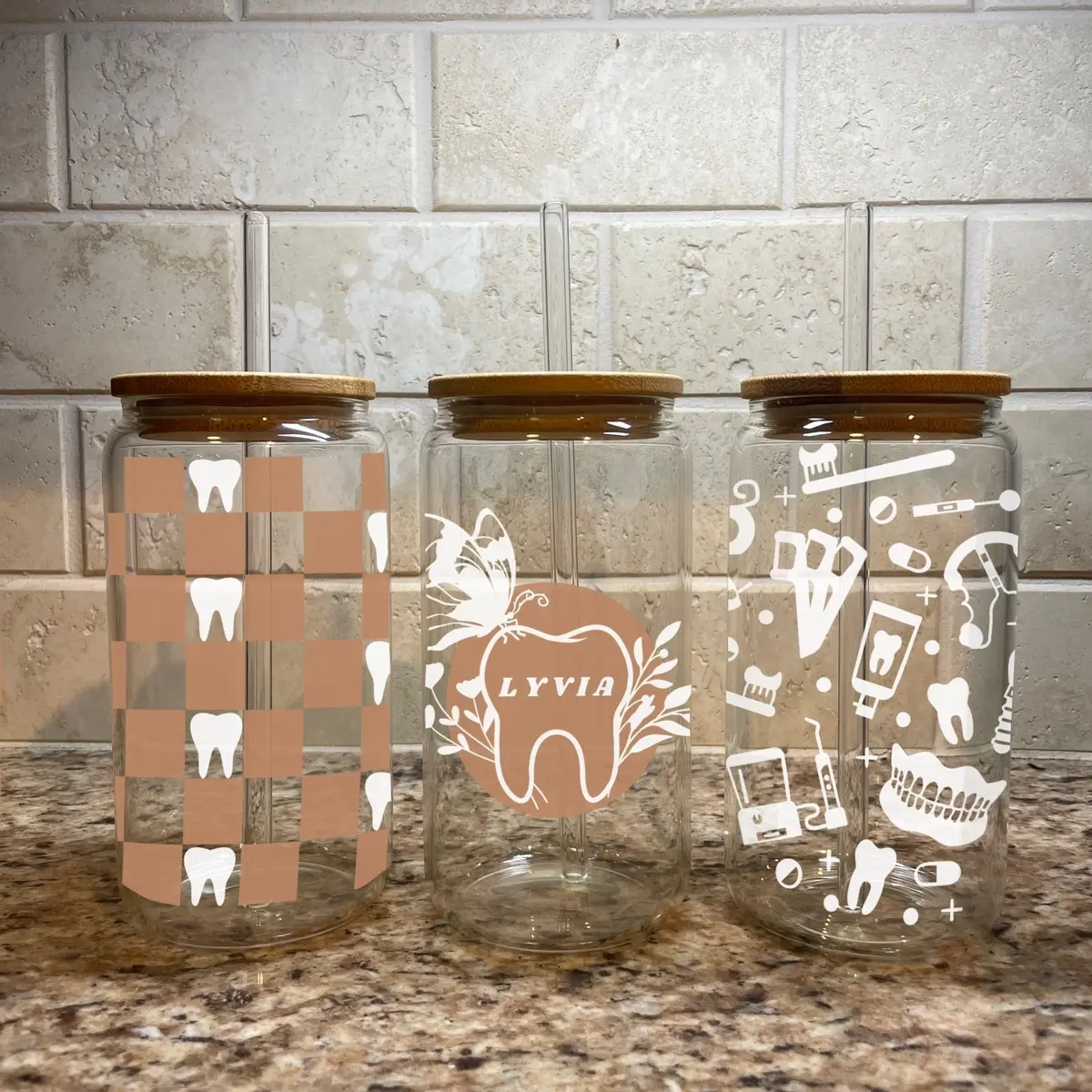 Personalized Dental Floss Glass Can Cup 16oz with Lid and Straw, Dental Hygienist gift, Dentist Gift, Dental Assistant Gift Drinkware Mug Tumblers Bottles Water Bottles