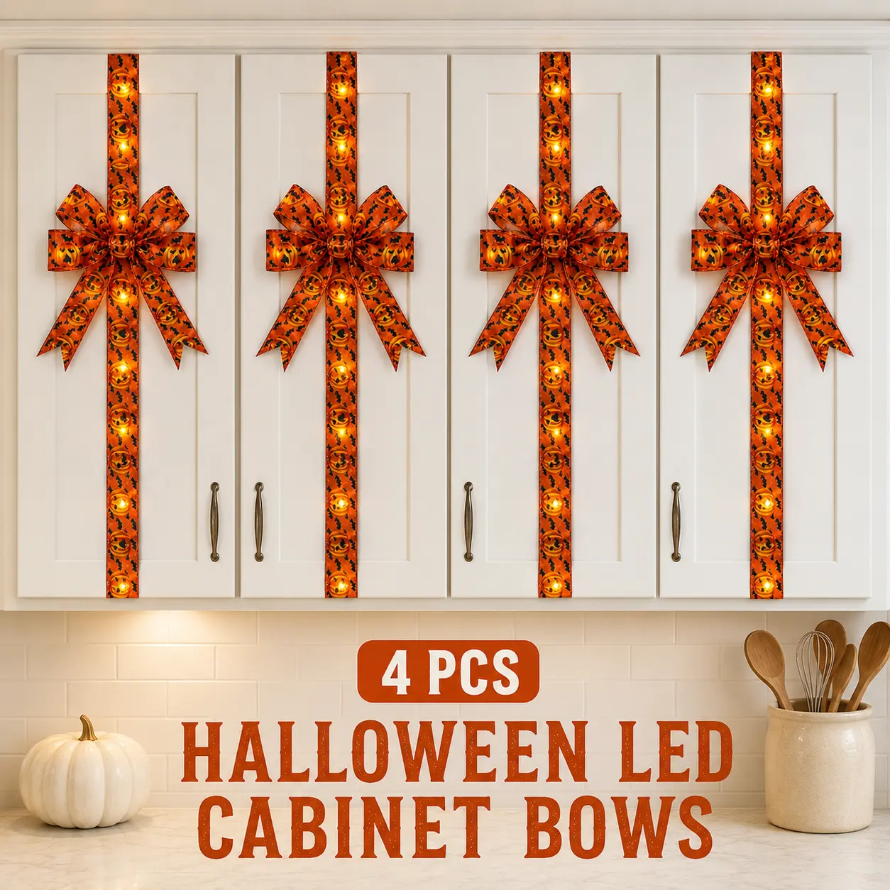 Cabinet Bow Decoration, 39.4 Inch Battery Operated Halloween and Christmas Bow for Kitchen Cabinet Doors, Red, Green, Black and Orange Styles