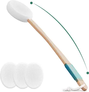 Back Lotion Applicator with 4 Replaceable Pads, 17" Curved Handle, White, Suitable for Elderly Women and Sunscreen Application