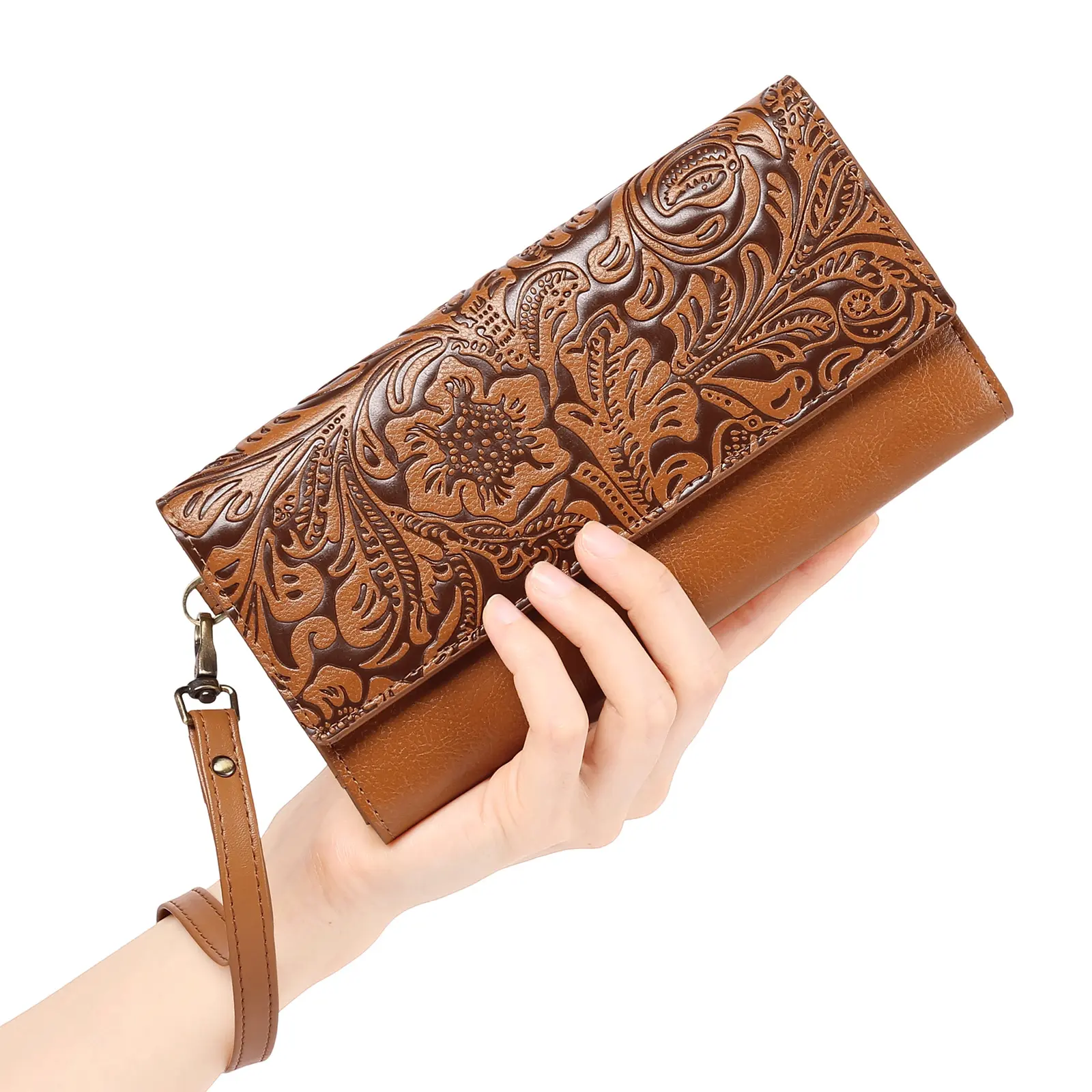 2026 Retro Charm Soft PU Leather Embossed Purse - Multi-Functional Zip Wristlet, Tri-Fold Long Organizer, Casual Chic Daily Use Clutch-Wallet for Bestie Gifting (Home Supplies Storage Bag)