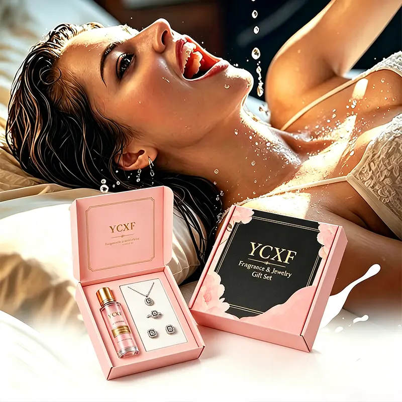 Perfume and Jewelry Set: Portable roll-on perfume with long-lasting fragrance, featuring modern, elegant aesthetics paired with a sparkling rhinestone jewelry set, presented in an exquisite pink floral gift box—the perfect holiday gift for any occasion