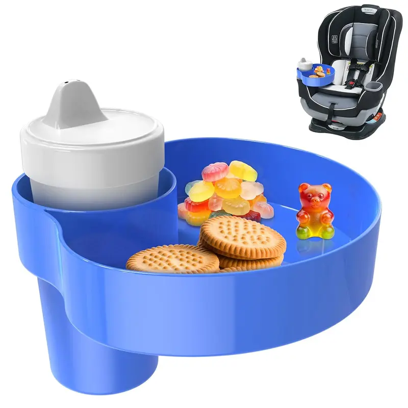 Kids' ABS Plastic Car Seat Snack Tray - Rotatable Stroller Snacks Plate, 0.5lb Car Interior Stowing Accessory, 2.5-2.8in Fit, Slip-On Grip, Spill Prevention, Universal Cupholder, Tilt Resistance, Blue Toddler Travel Meal Accessory