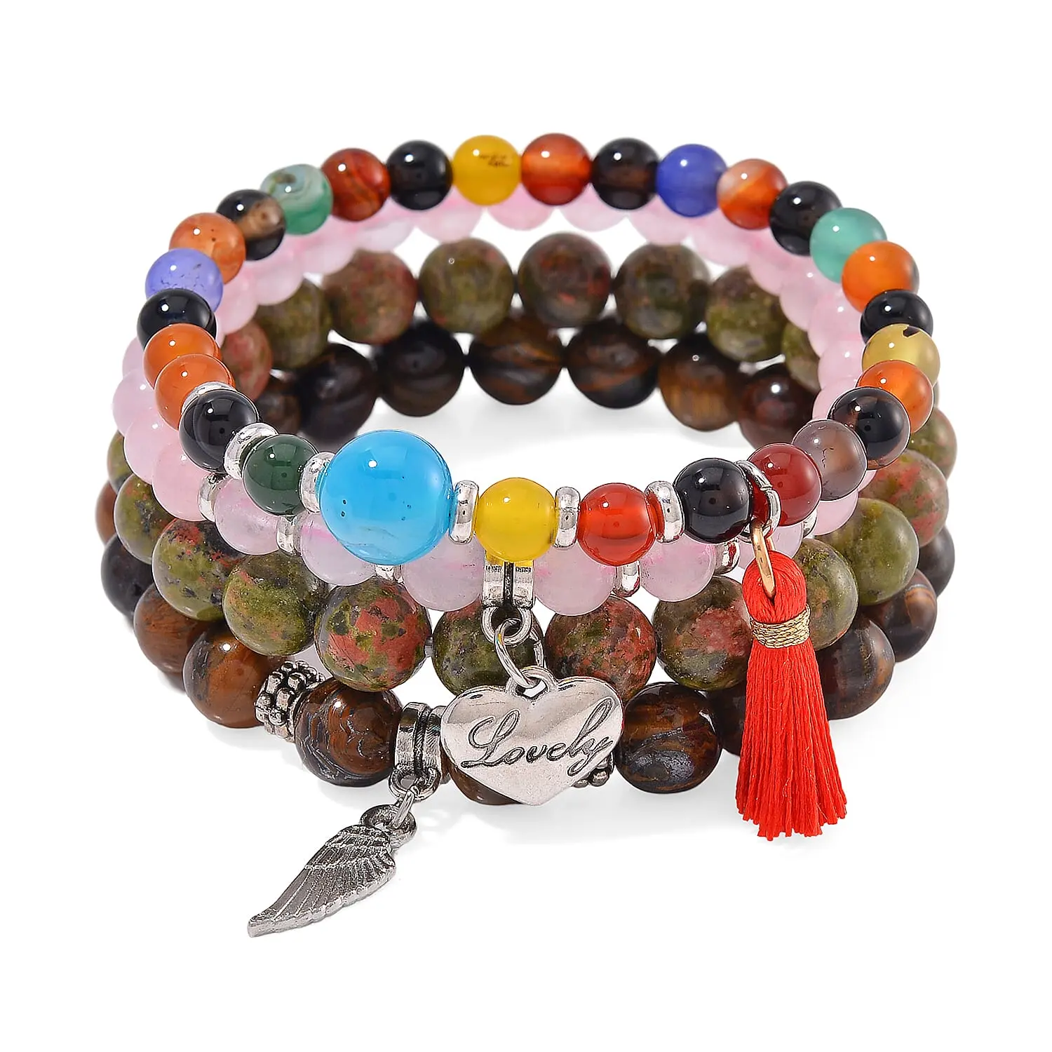 Set of 4 Multi Gemstone 325.00 ctw Beaded Bracelet with Heart and Wing Charm in Silvertone (6.5-7In)