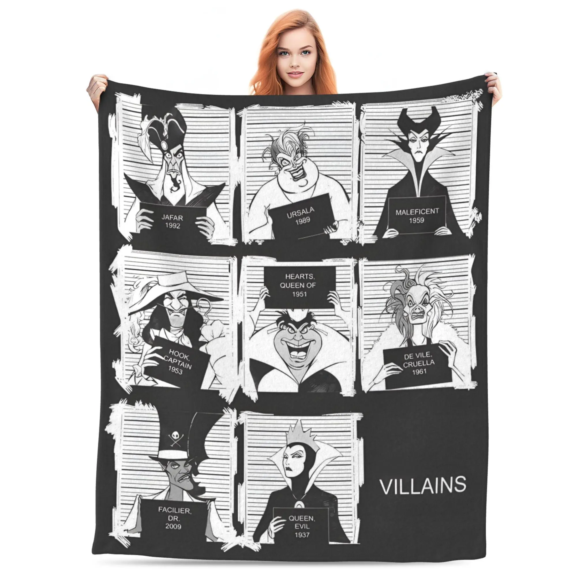 [SummerVibes] DISNEY CLASSIC Villains Mugshot Throw Blanket – Black and White Police Lineup Design, Soft Fleece Blanket for Fans of Classic Antagonists Soft And Silky Touch Super Soft And Comfy