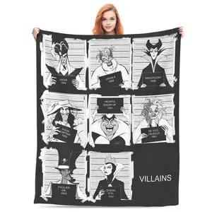 DISNEY CLASSIC Villains Mugshot Throw Blanket – Black and White Police Lineup Design, Soft Fleece Blanket for Fans of Classic Antagonists