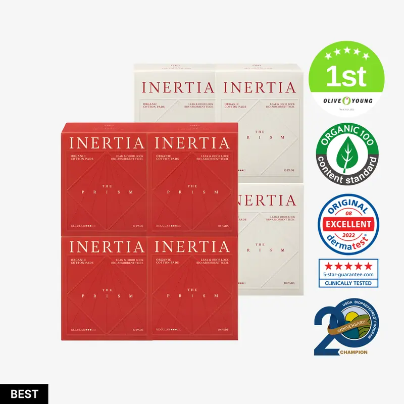[INERTIA] 100% Organic Cotton Cover-to-Core The Prism Pads Selection - LABOCELL CORE Plant-Based High Absorbency Premium Feminine Hygiene Pads, Ultra-Thin & Snug Fit, Biodegradable Absorbent, Clinically Tested, MADE IN KOREA, By Female Scientists