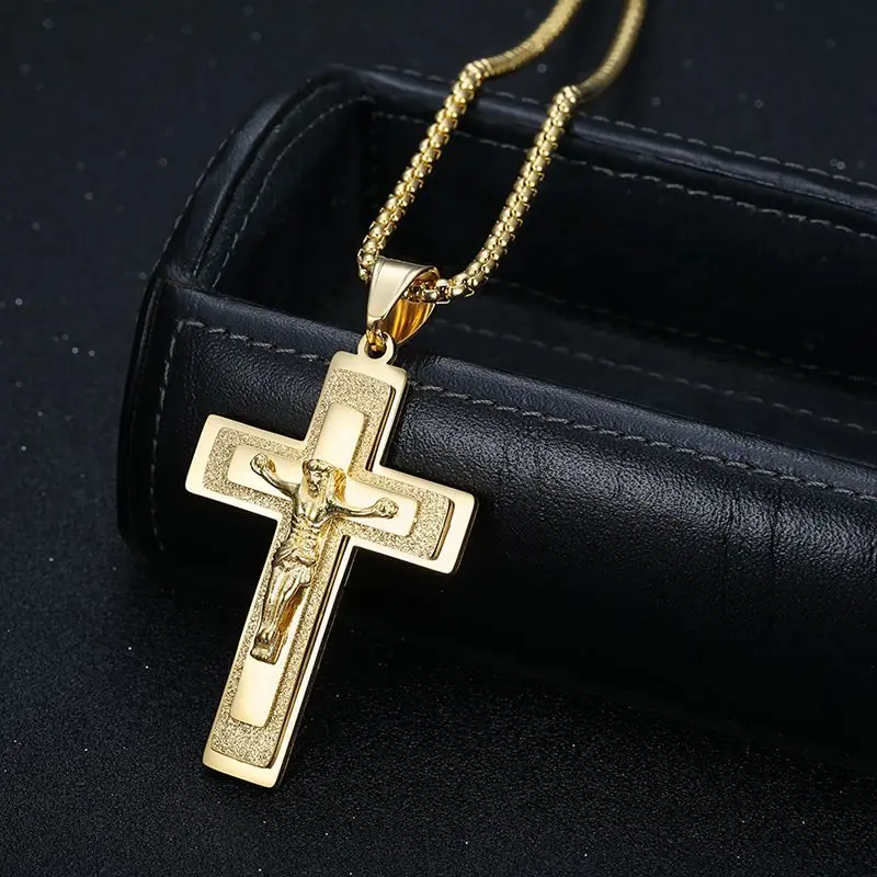 Unisex 18K Gold Plated Stainless Steel Crucifix Pendant Necklace, Religious Jesus Cross Jewelry with Box Chain