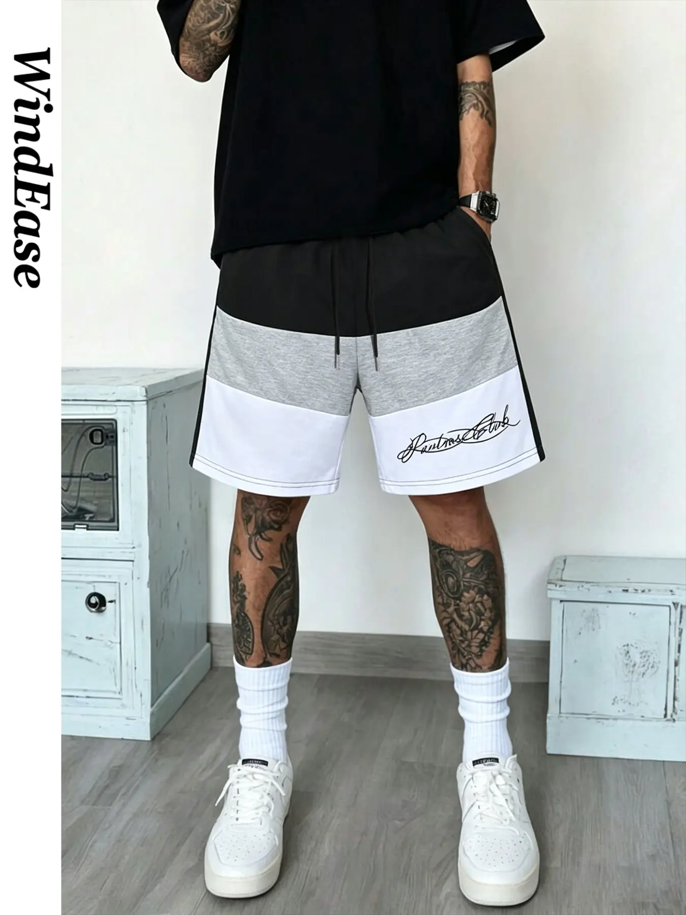 Men's Colorblock Script Print Drawstring Shorts, Y2K Street Style, Pavtrose Club, Skateboard, Concert, Music Festival