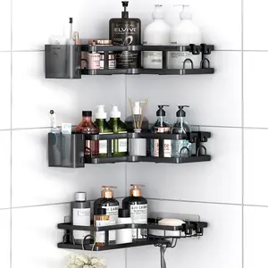 PHANCIR 5/6 PCS Corner Shower Caddy, No Drilling Stainless Steel Shower Storage Rack with Hooks & Toothpaste Holder for Bathroom, Black