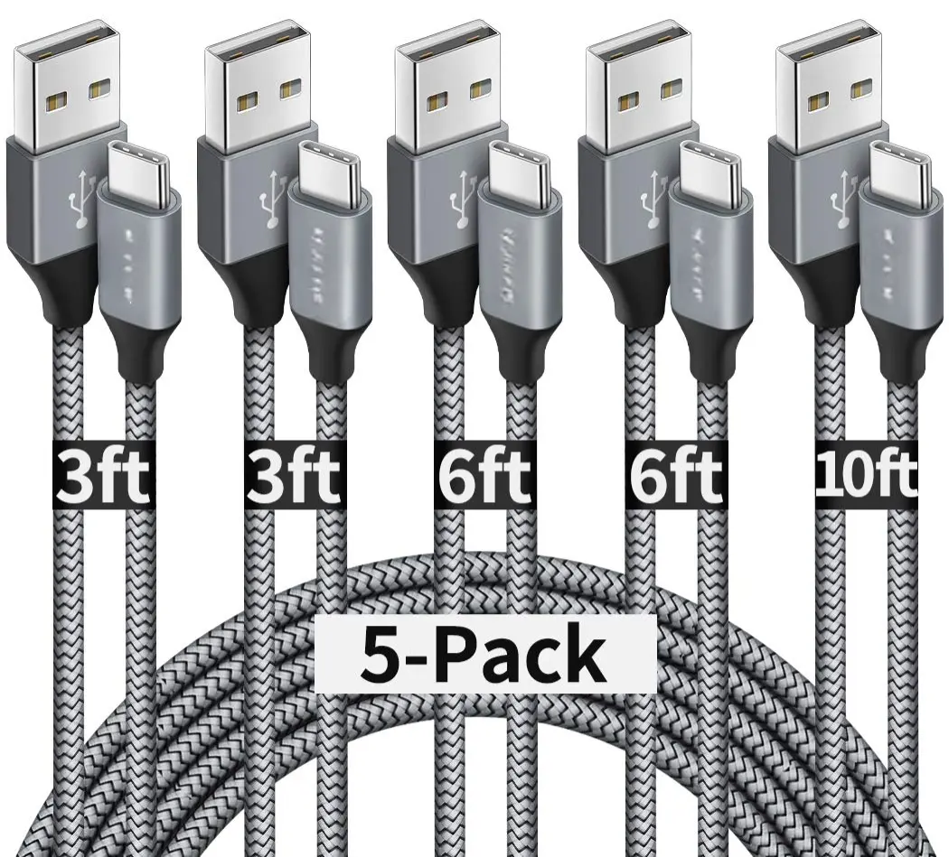 USB A to USB C Cable, 5-Pack (3/3/6/6/10 ft) Fast Charging Type C | Charger Cord USBC for iPhone 17 16 15 Pro Max Plus Air, Samsung Galaxy S26 S25 S24 S23 S22 S21 S20 A56 A17 A16, Moto, Gray