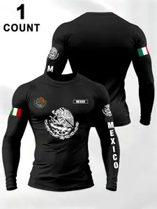 Men's Long Sleeve Round Neck T-Shirt Jersey Tee, Eagle Print Letter Mexico Graphic Design, Polyester Material, Slight Stretch, Casual Sports Spring & Fall Wear, Casual Sporty Top, Casual Sports Tops