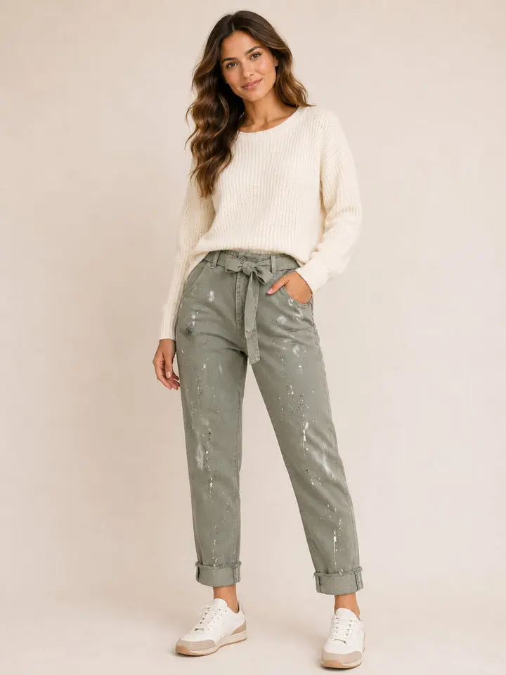 Women's Casual Fit Above the Ankle Green Jeans - Regular-Leg Denim Trousers with Matching Belt, Distressed Paint Accents, Plain Fashion All-Season Daily Bottoms