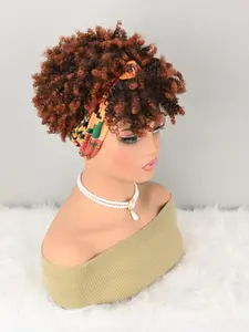Scarf Wig, Short Curly Wig, Wig, 2-In-1 Bangs Turban Wig, Synthetic Short Afro Puff Full Wig, Ombre Wig with Scarf Headband