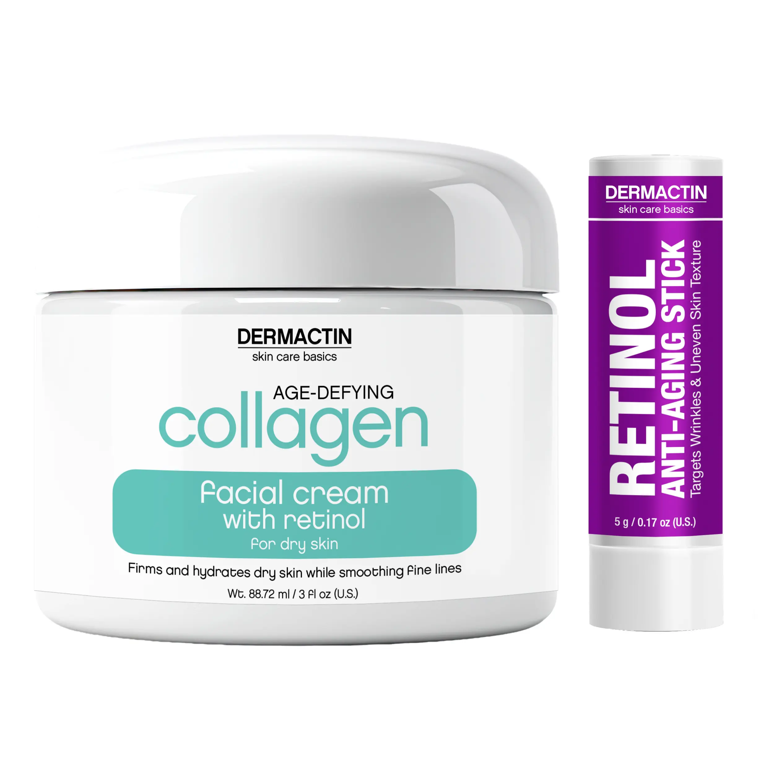 Dermactin Retinol Anti‑Aging Skincare Bundle 2-PC SET– Collagen Facial Cream 3 oz & Retinol Facial Treatment Stick
