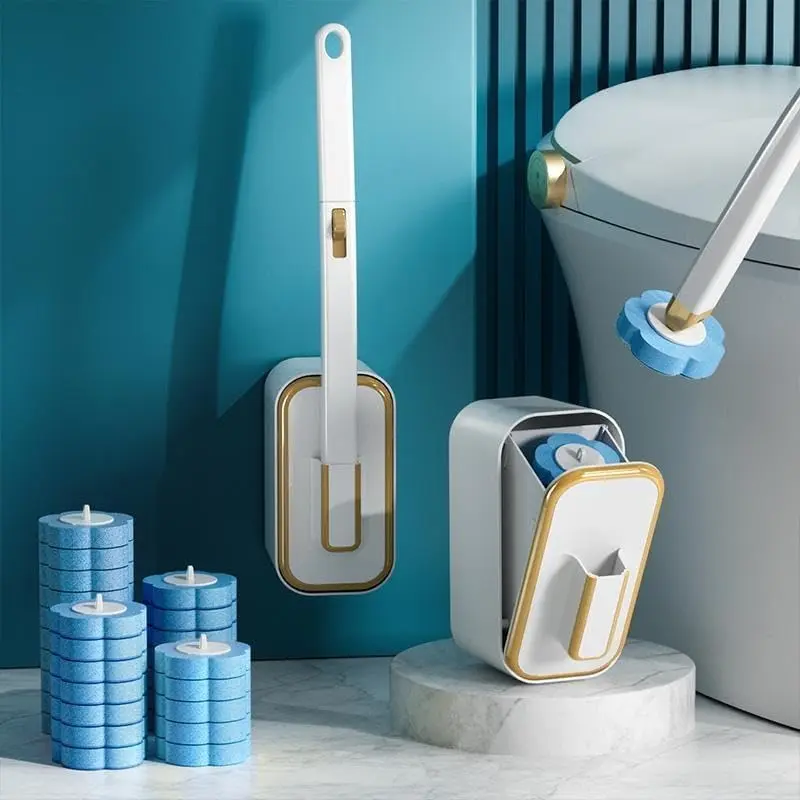 Wall-Mounted ABS Toilet Wand Kit - Rotatable Toilet Cleaning System, Bathroom Tool with 18 Foam Sponge Disposable Heads, Holder, Drainage Pad for Deep Clean, Quick Head Swap, Hands Stay Cleaner (24-Replacement Packs Sold Separately)