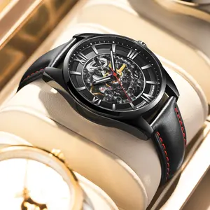 Men’s automatic mechanical watch with openwork design, waterproof, luminous leather strap—stylish “Black Warrior” men’s wristwatch, suitable for gifting on birthdays, Valentine’s Day, wedding anniversaries, Father’s Day, 615