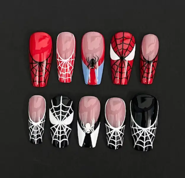 Red Blue Comic Superhero Press On Nails Black Spider Web Square Fake Nails Spooky Halloween Y2K Geeky Aesthetic Reusable Acrylic False Nails For Women Trendy Cosplay Party Stick On Manicure Set Full Cover Artificial Art Glue On Nails Kit
